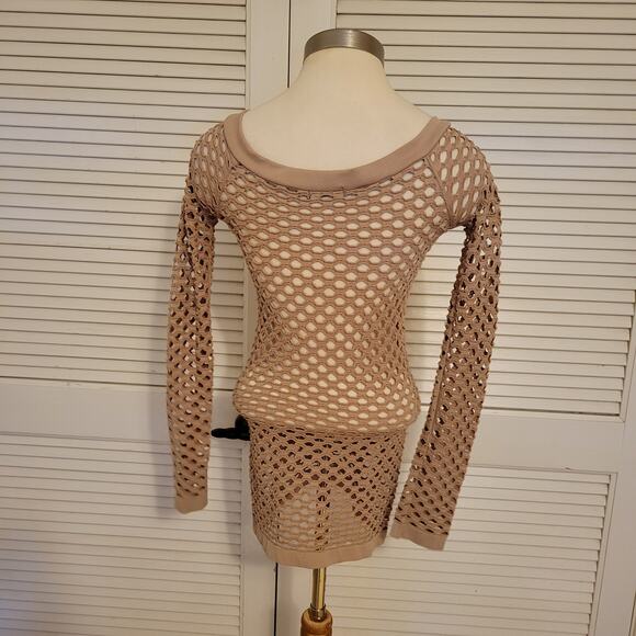 Sarella Mesh Long Sleeve Mini Dress Wide Neck Beige Size 0 Stretchy - Picture 2 of 7